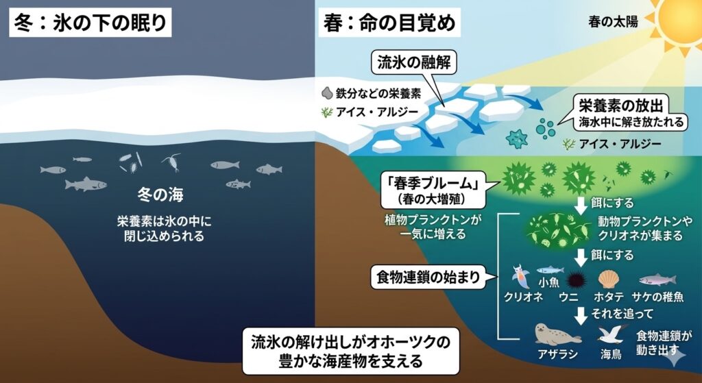 流氷と海中の横断面図。流氷が溶けることで栄養素が放出され、植物プランクトンの増殖（春季ブルーム）から豊かな食物連鎖へつながる仕組みを解説
