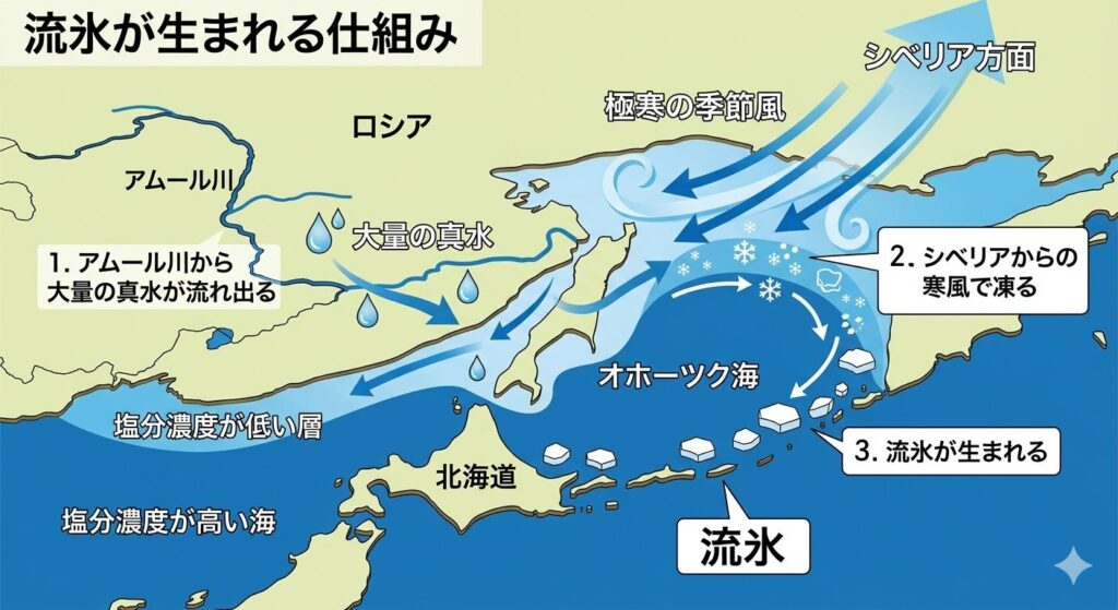 アムール川の真水とシベリアの季節風によってオホーツク海で流氷が生まれる仕組みの解説図